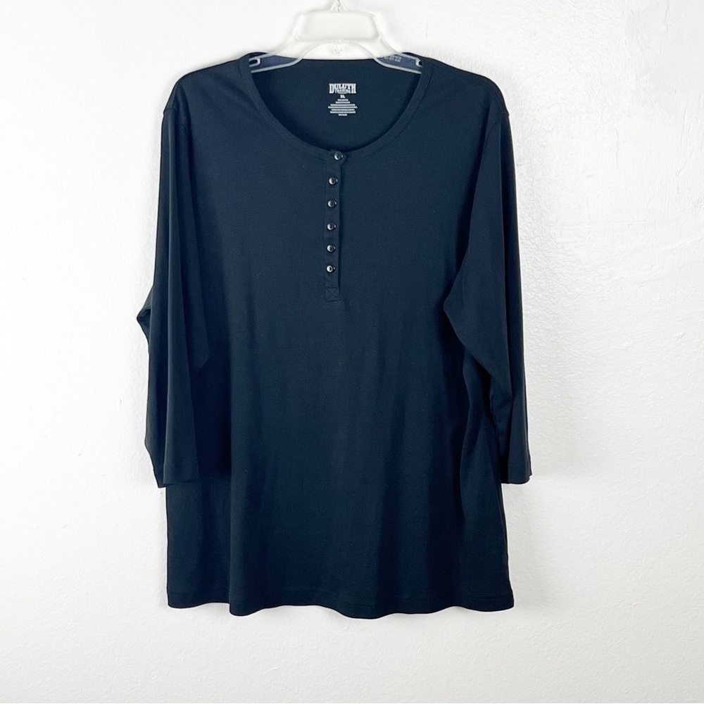 DULUTH TRADING 100% Cotton Black 3/4 Sleeves Button Detail Tunic Top XL Casual
